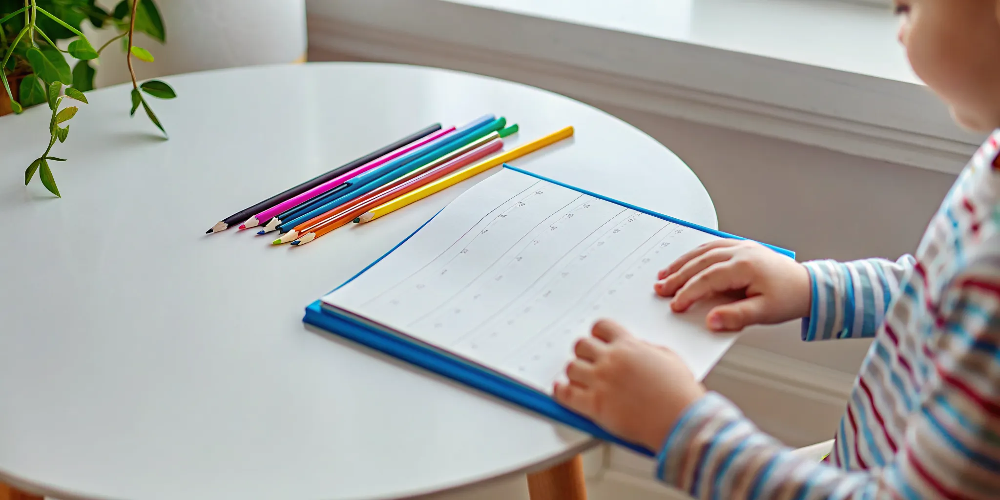 Child practicing cursive handwriting in a grooved workbook at a wooden table