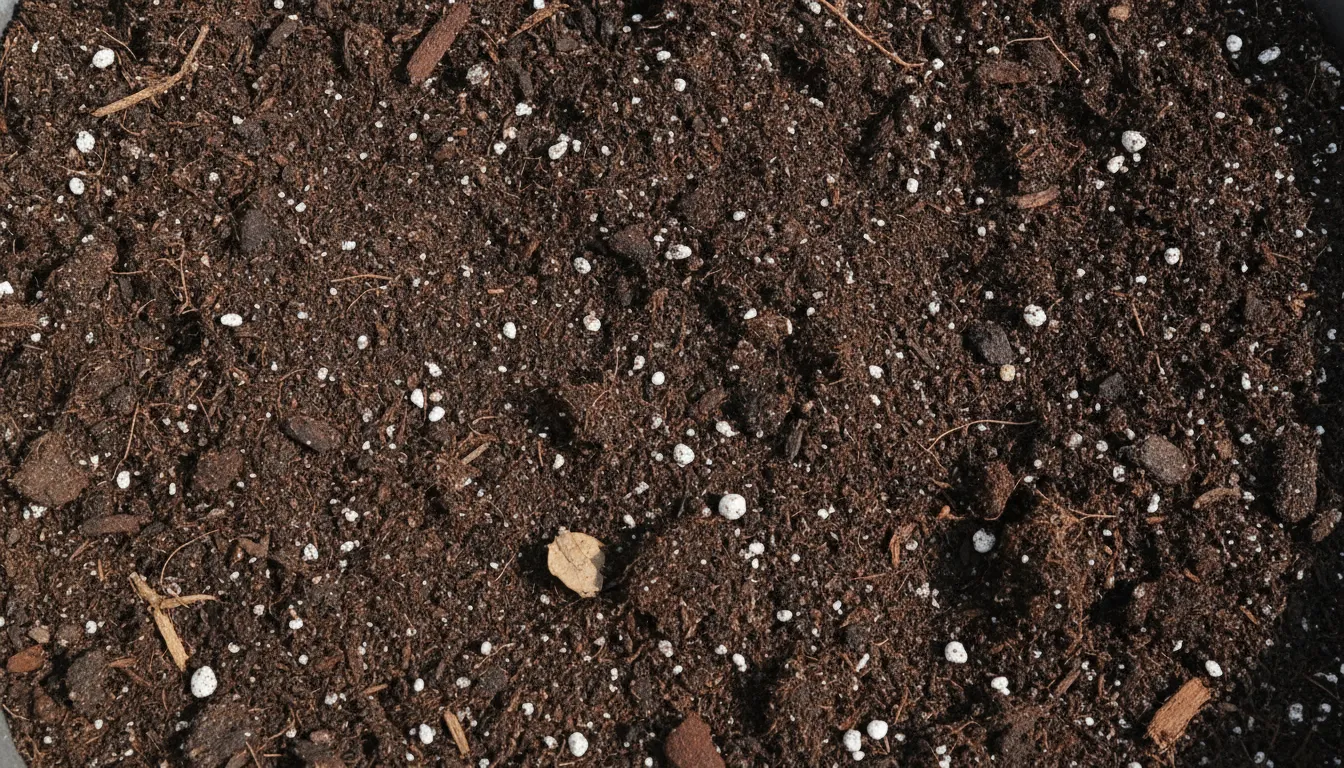 Dark organic potting soil with perlite, top-down view