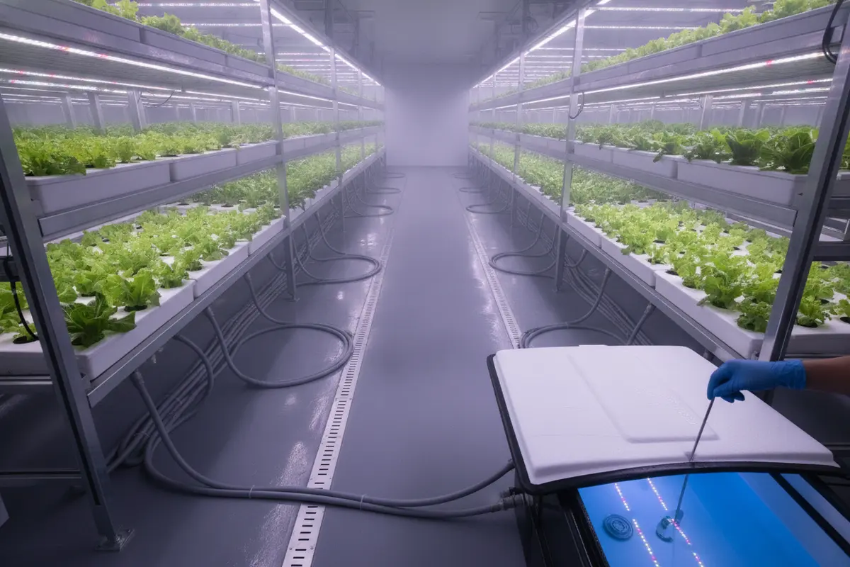 Clean hydroponic grow area with plants, tubing, and covered reservoir