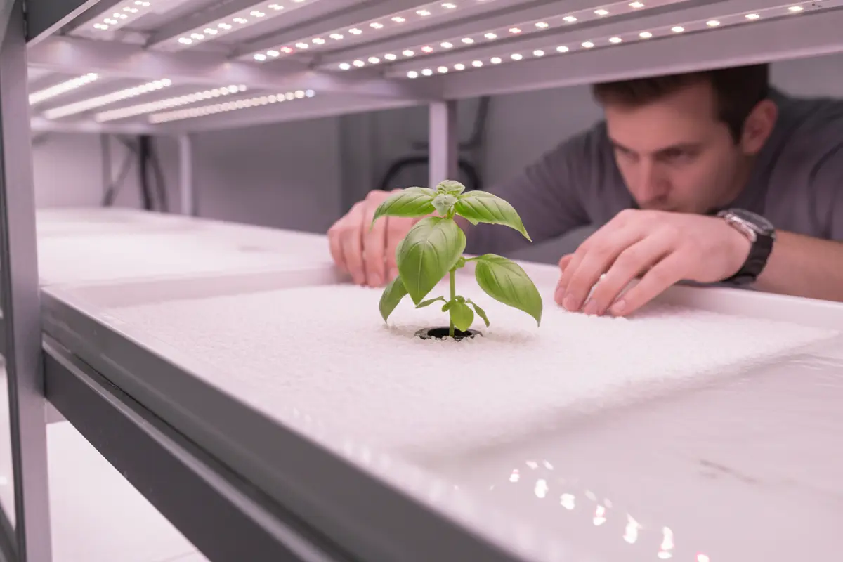 Close-up inspection of clean hydroponic growing media around a healthy plant