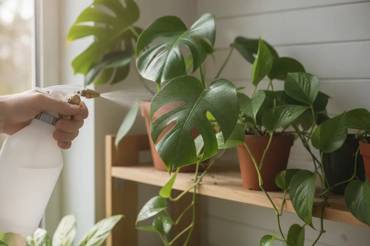Close view of a handheld sprayer nozzle aimed toward indoor foliage