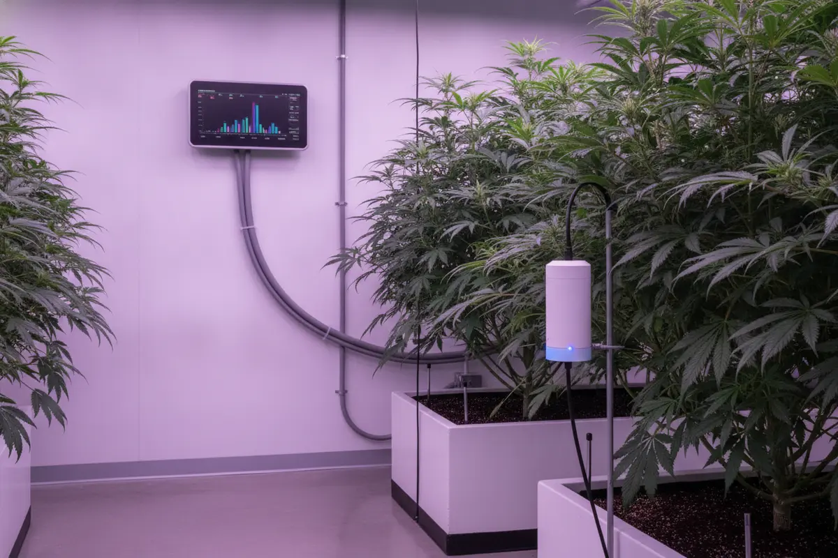 CO2 controller mounted outside the canopy with a separate sensor placed among indoor plants