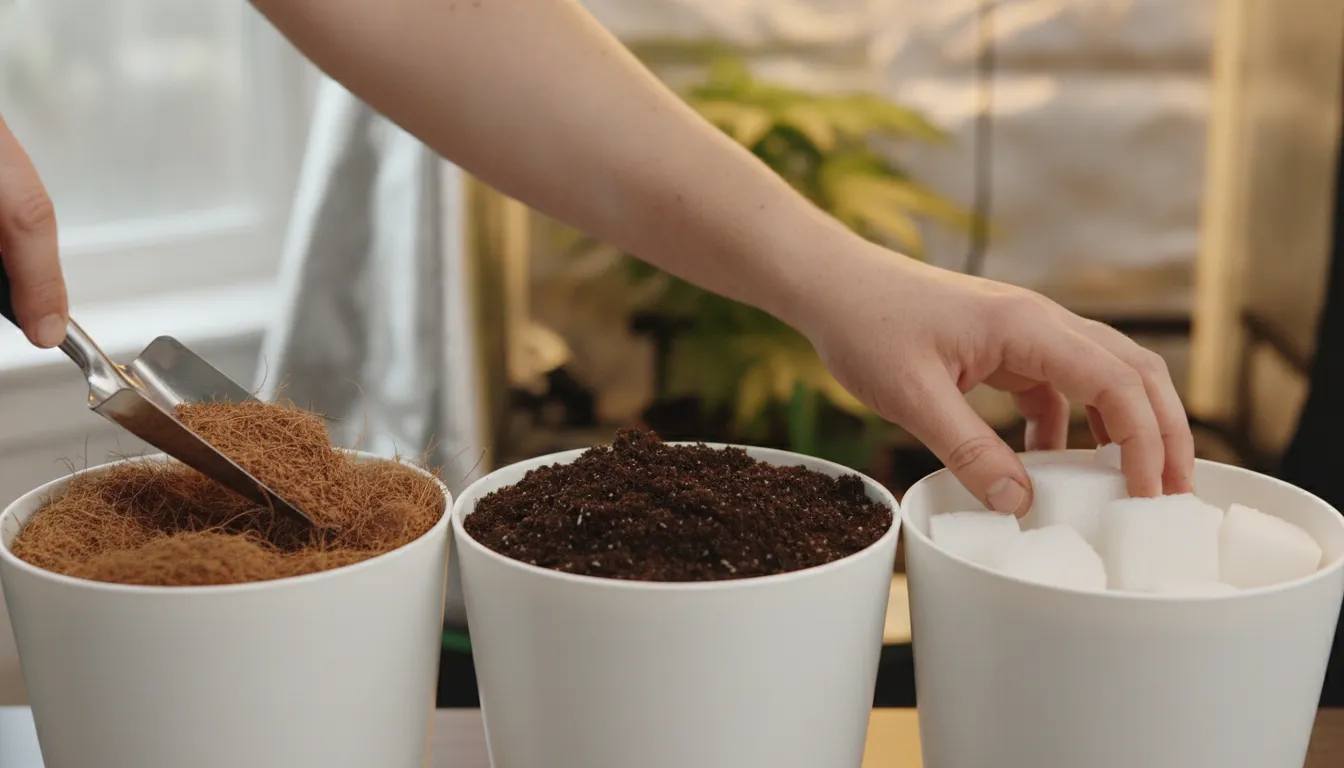 Indoor gardener comparing several growing media for root support