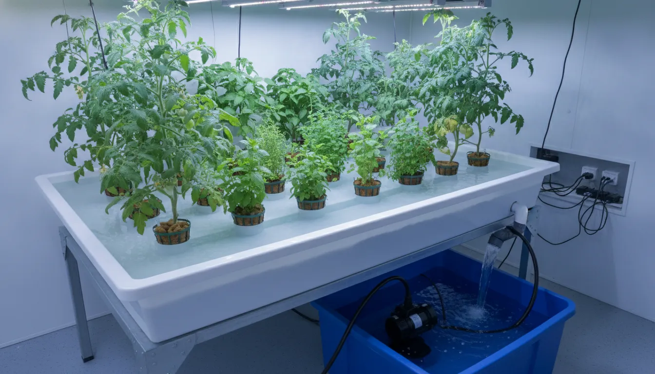 Ebb and flow hydroponic tray during a flood cycle