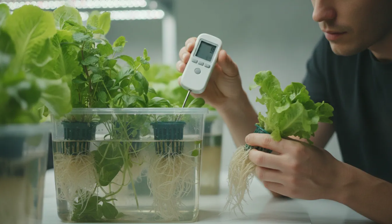 Beginner checking pH in a hydroponic reservoir