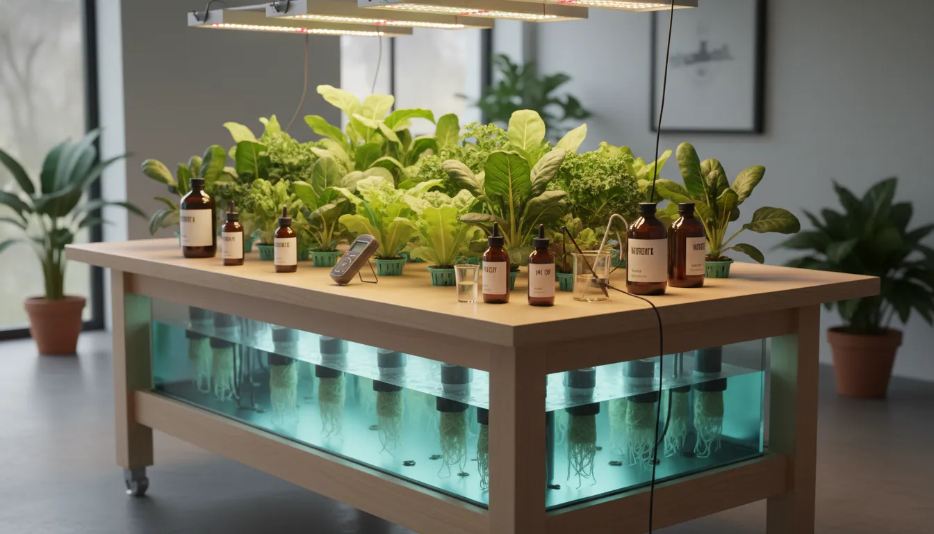Hydroponic nutrients for beginners with pH and EC meters beside nutrient bottles