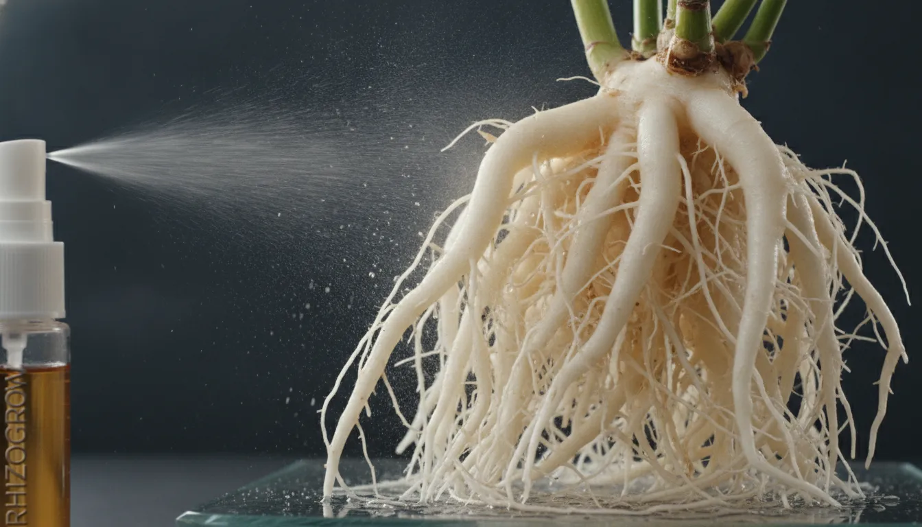 Vibrant white plant roots being sprayed with liquid hydroponic root stimulant in a clean grow room environment