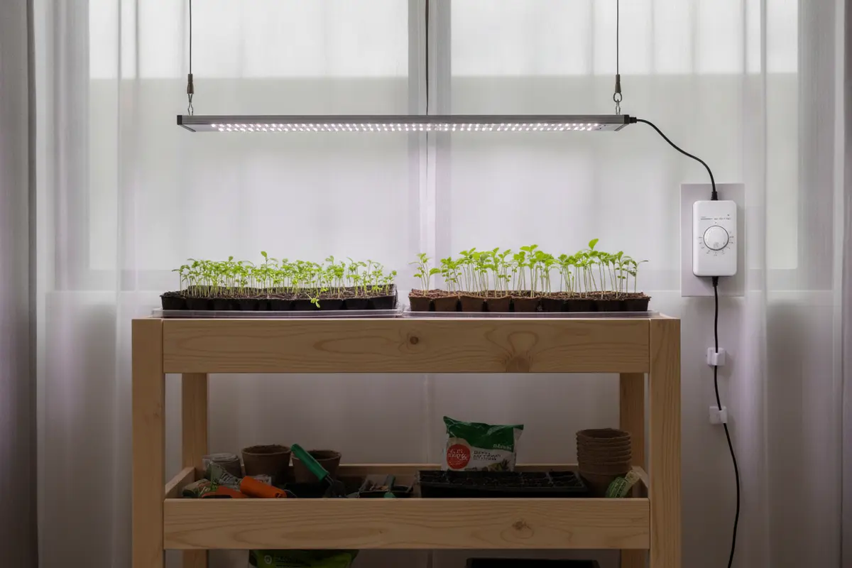 Indoor seedlings beneath a grow light with a timer nearby