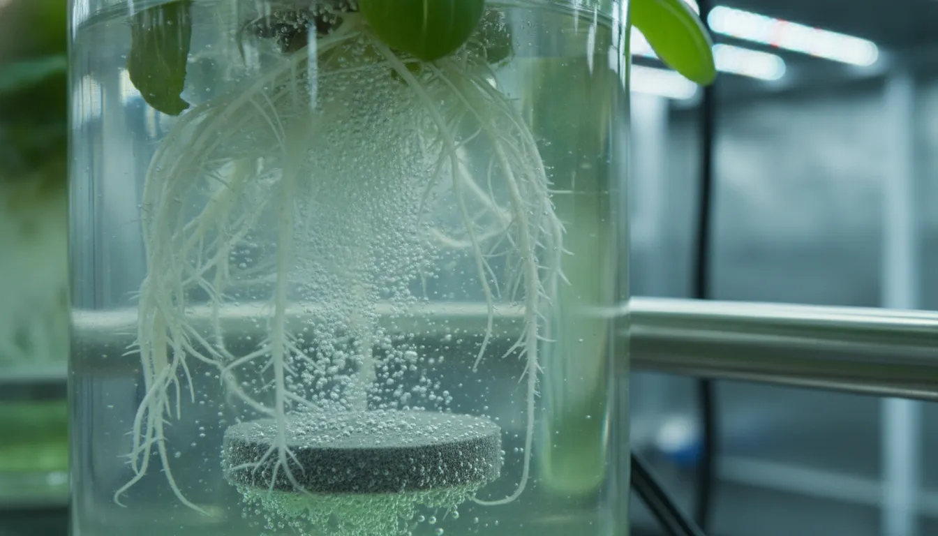Air stone releasing fine bubbles beneath hydroponic plant roots