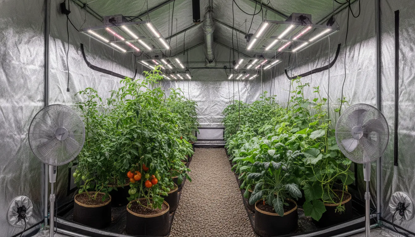 Large grow tent with healthy vegetable plants, fans, and an open aisle
