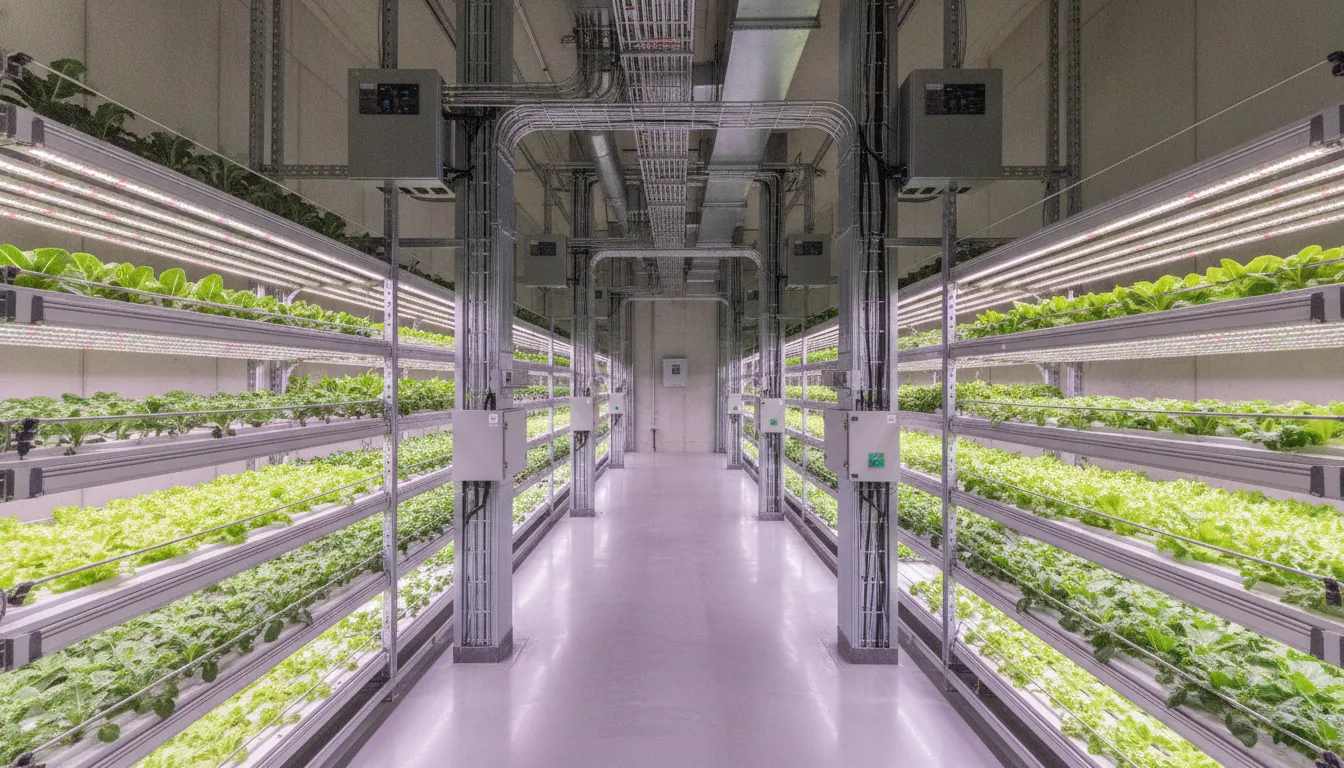Commercial grow lights 208 240 volt fixtures and electrical distribution in a large indoor farm