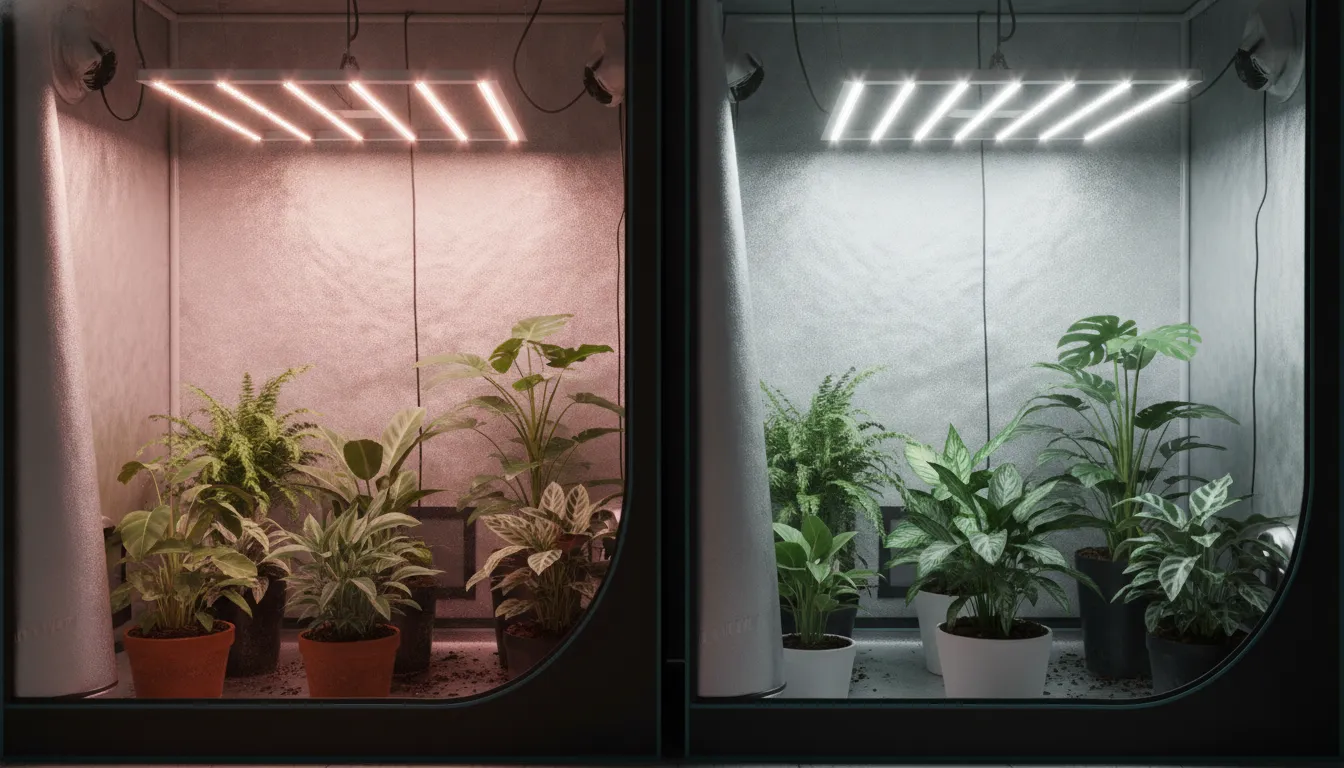 Side-by-side comparison of LED grow light bars and a panel over indoor plants