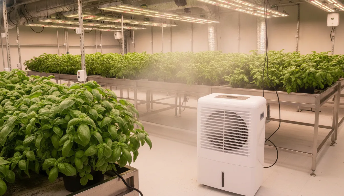 Portable dehumidifier controlling moisture around indoor plants