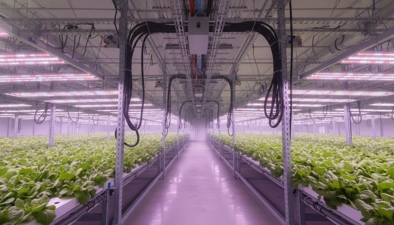 Commercial grow lights 208 240 volt LED array above rows of indoor plants