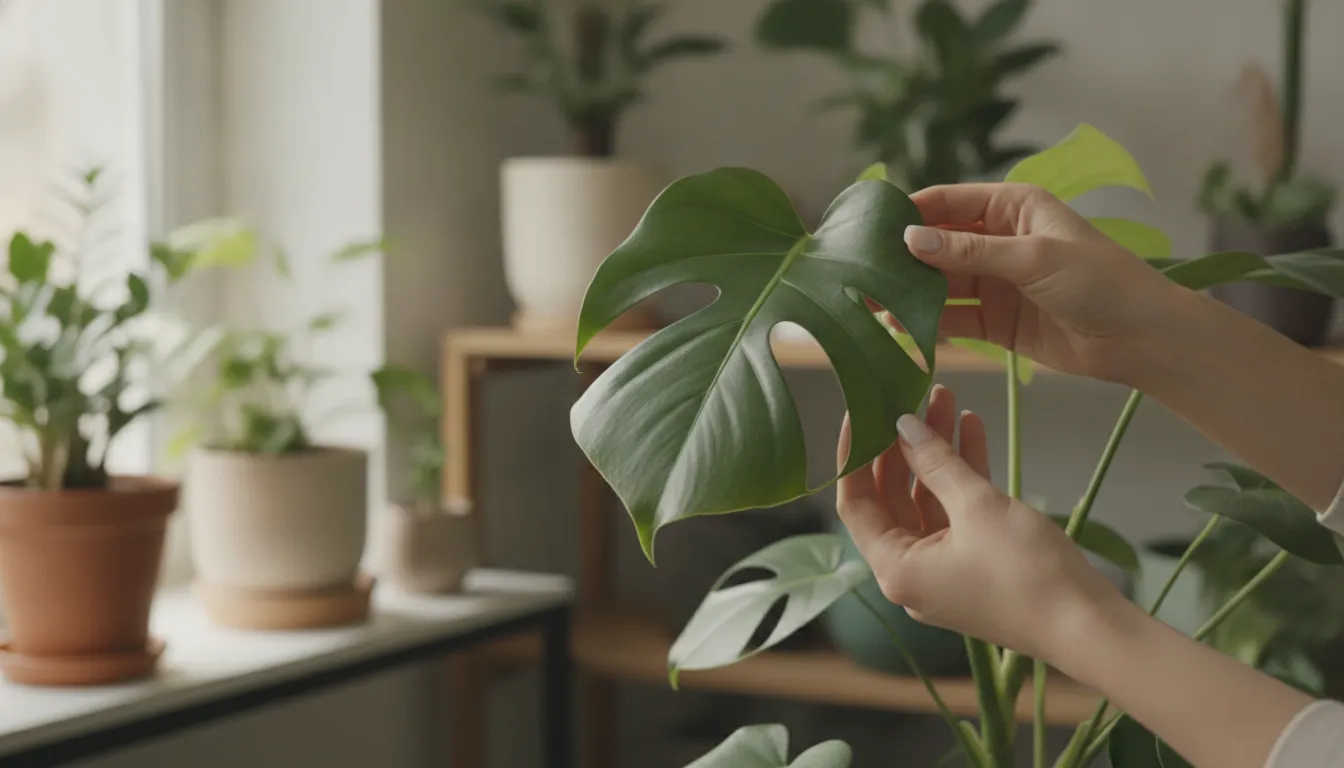 Hands inspecting healthy green houseplant leaves in bright window light