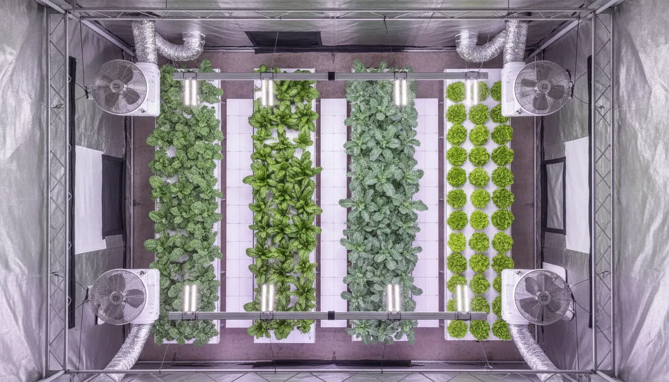 Organized indoor grow tent plant layout with airflow and access space