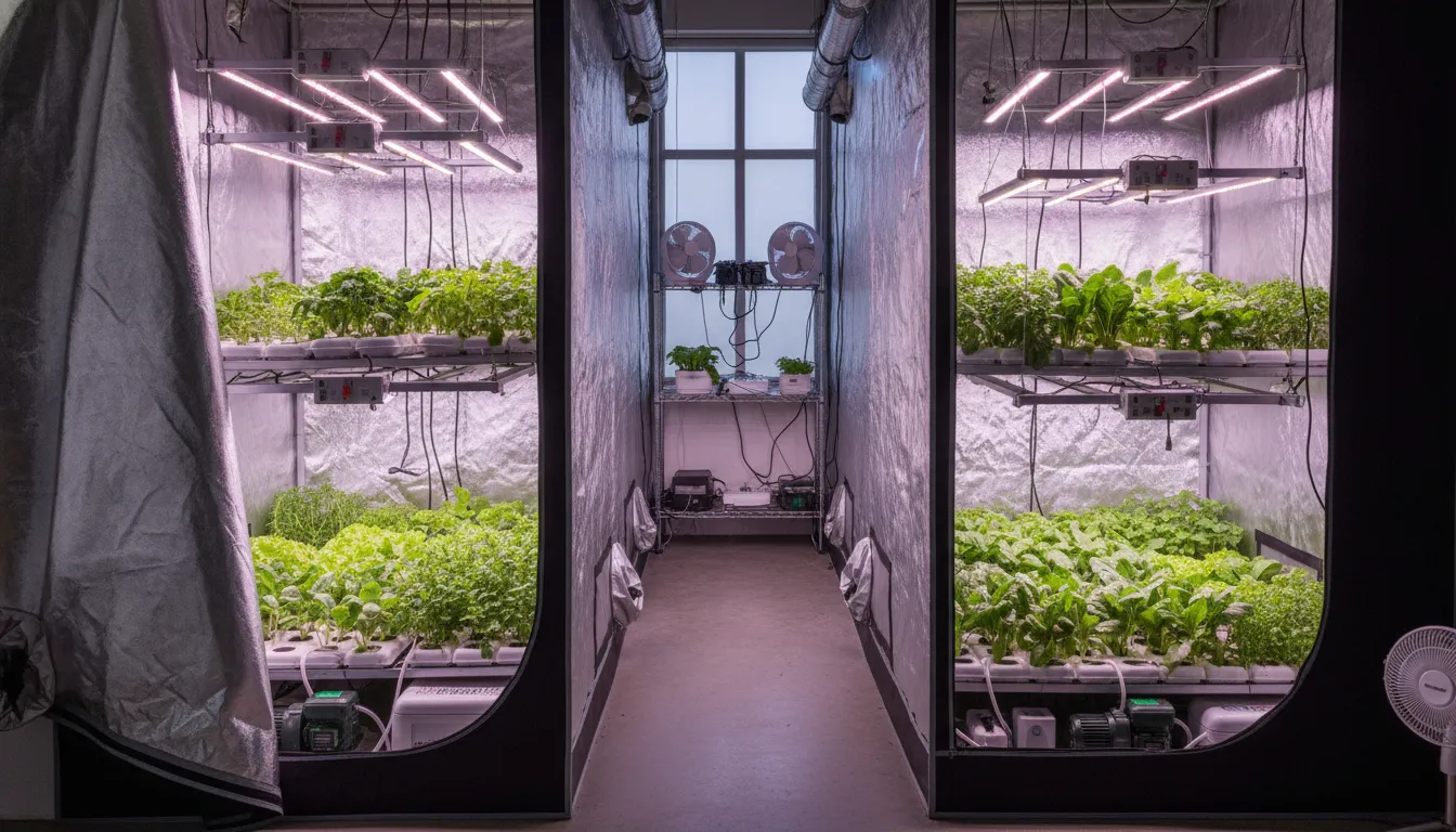 LED grow light bars mounted at different heights above leafy indoor plants