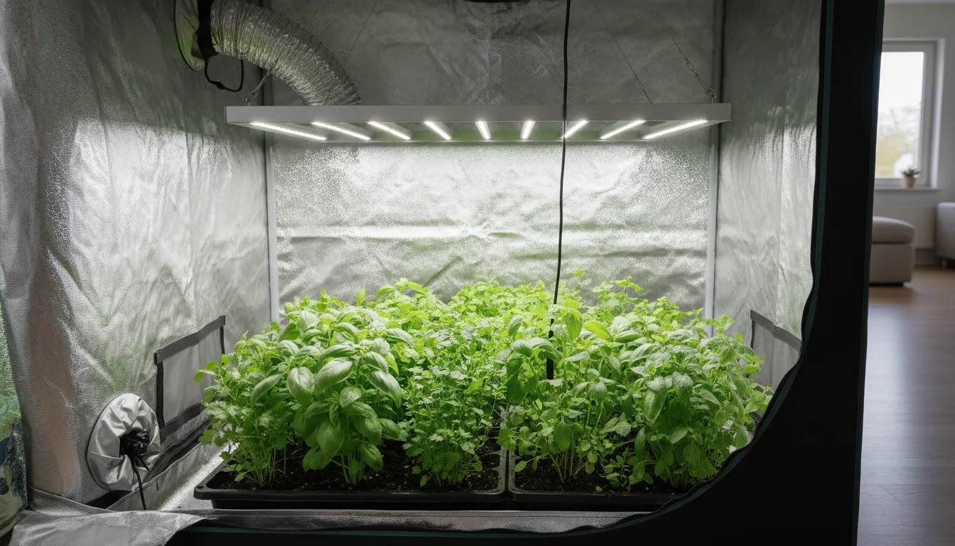LED grow light providing even coverage across a square indoor plant canopy