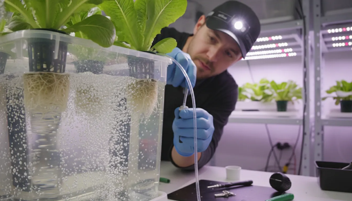 Grower checking hydroponic air pump tubing and bubble flow