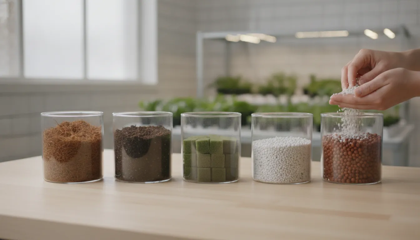 Clear containers of coco coir, soil, rockwool cubes, perlite, and clay pebbles lined up on a workbench