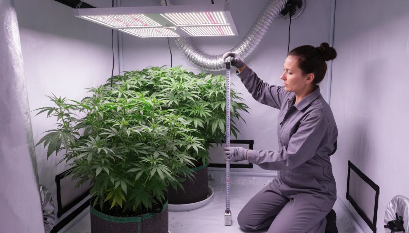 Indoor gardener checking LED grow light mounting height above a leafy canopy