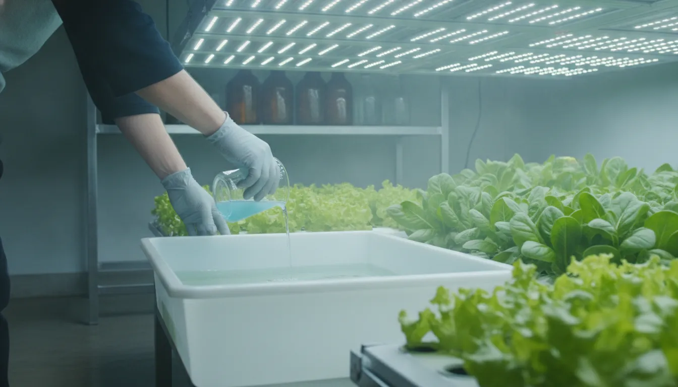 Gardener mixing hydroponic nutrient solution into a reservoir under LED grow lights