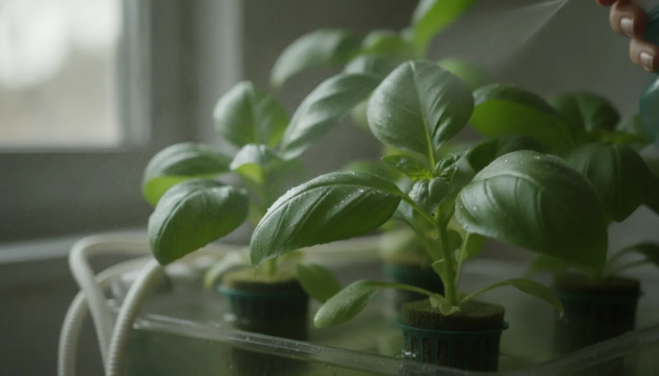Close-up of indoor plant leaves being misted with liquid nutrient supplement in a hydroponic setup