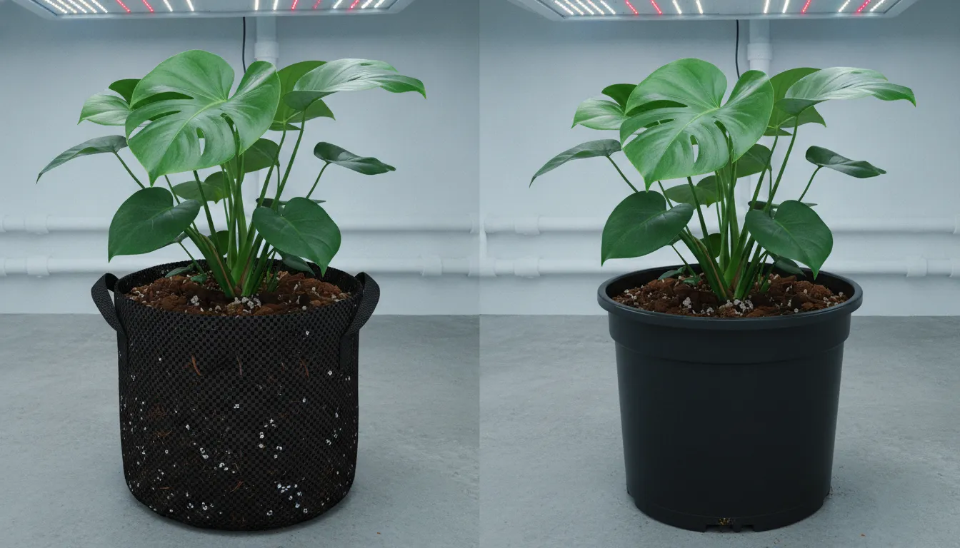 Fabric pots vs plastic pots showing container airflow and drainage