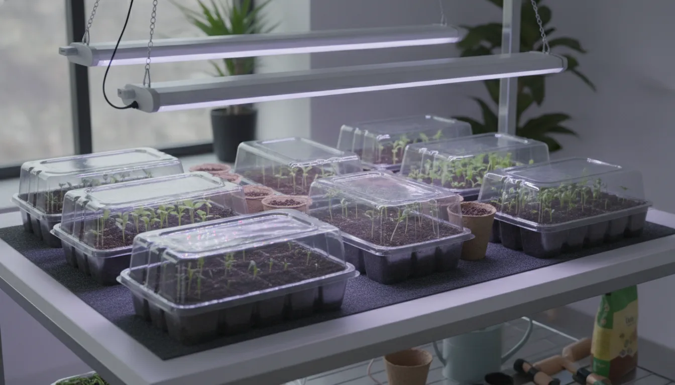 Indoor seed starting supplies arranged beneath LED grow lights