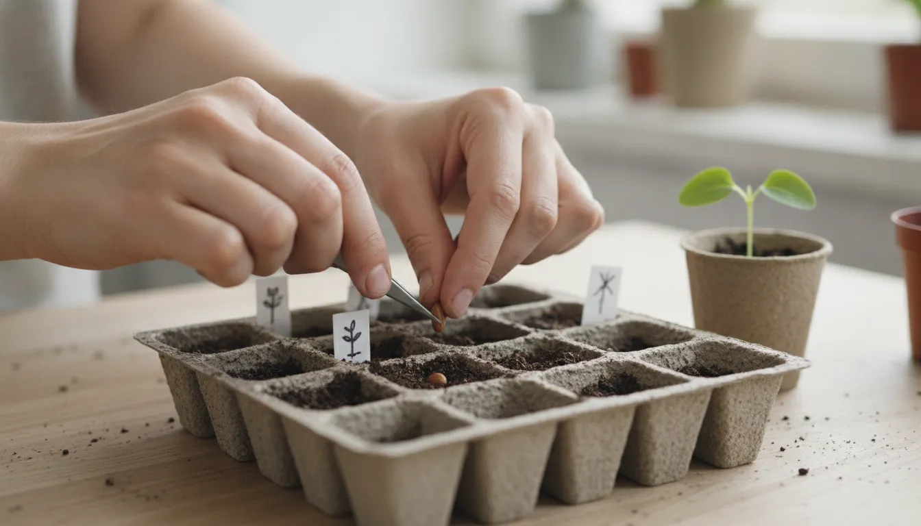 Hands sowing a seed into a labeled cell tray of fresh seed-starting mix under bright grow lighting