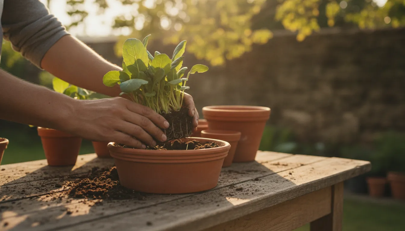 Gardener transplanting young leafy seedlings into a larger pot outdoors in soft afternoon shade