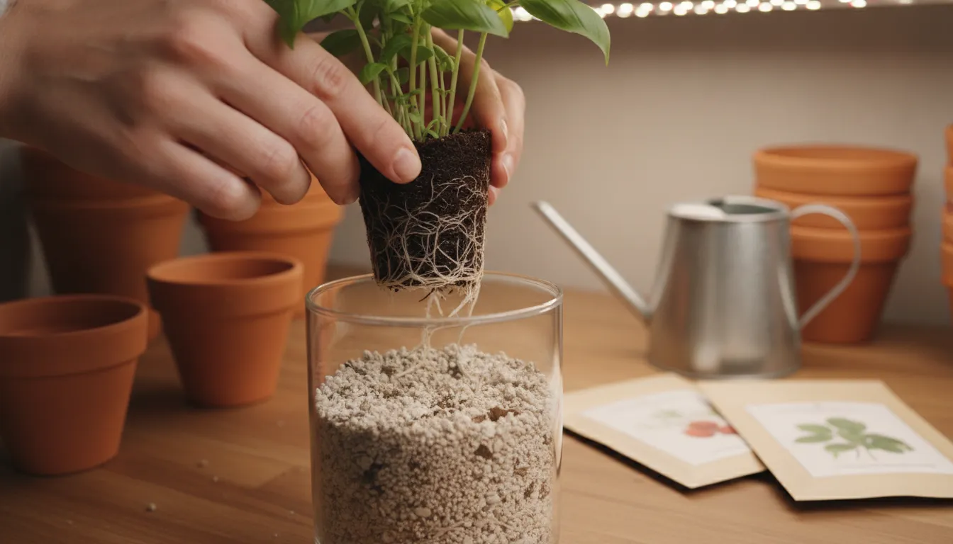 Rooted indoor plant cutting being transplanted into airy growing medium