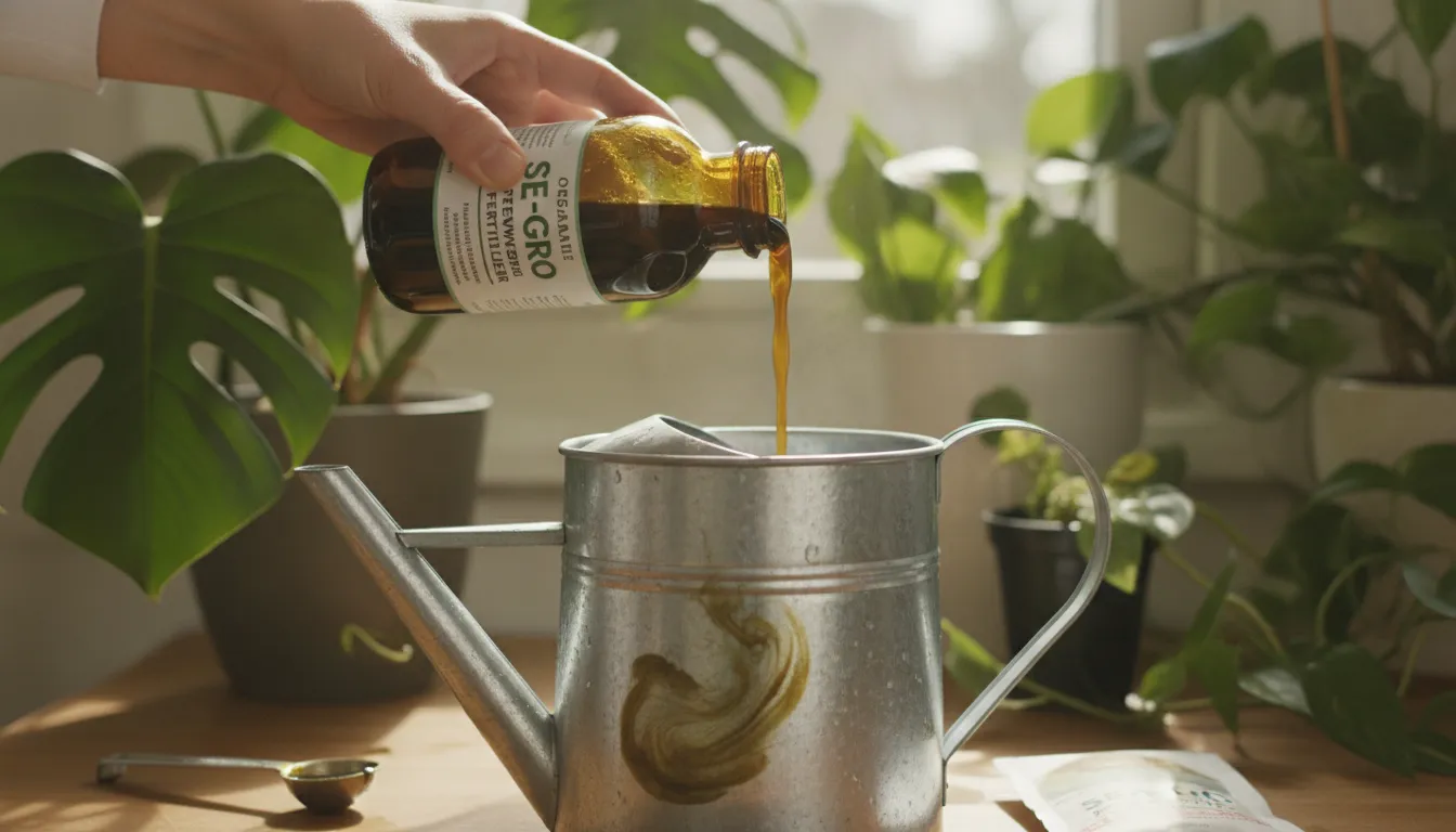 Mixing organic liquid seaweed fertilizer into a watering can for indoor plant feeding