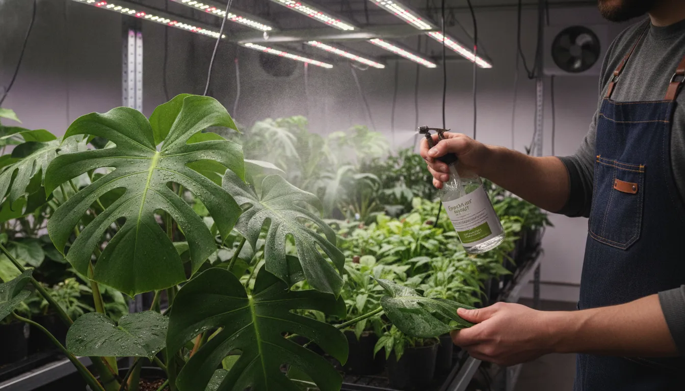 Applying foliar spray from a misting bottle onto indoor plant leaves in a grow room