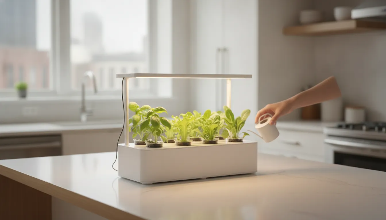 Countertop hydroponic pod garden with basil and leafy greens growing under a built-in LED light in an apartment kitchen
