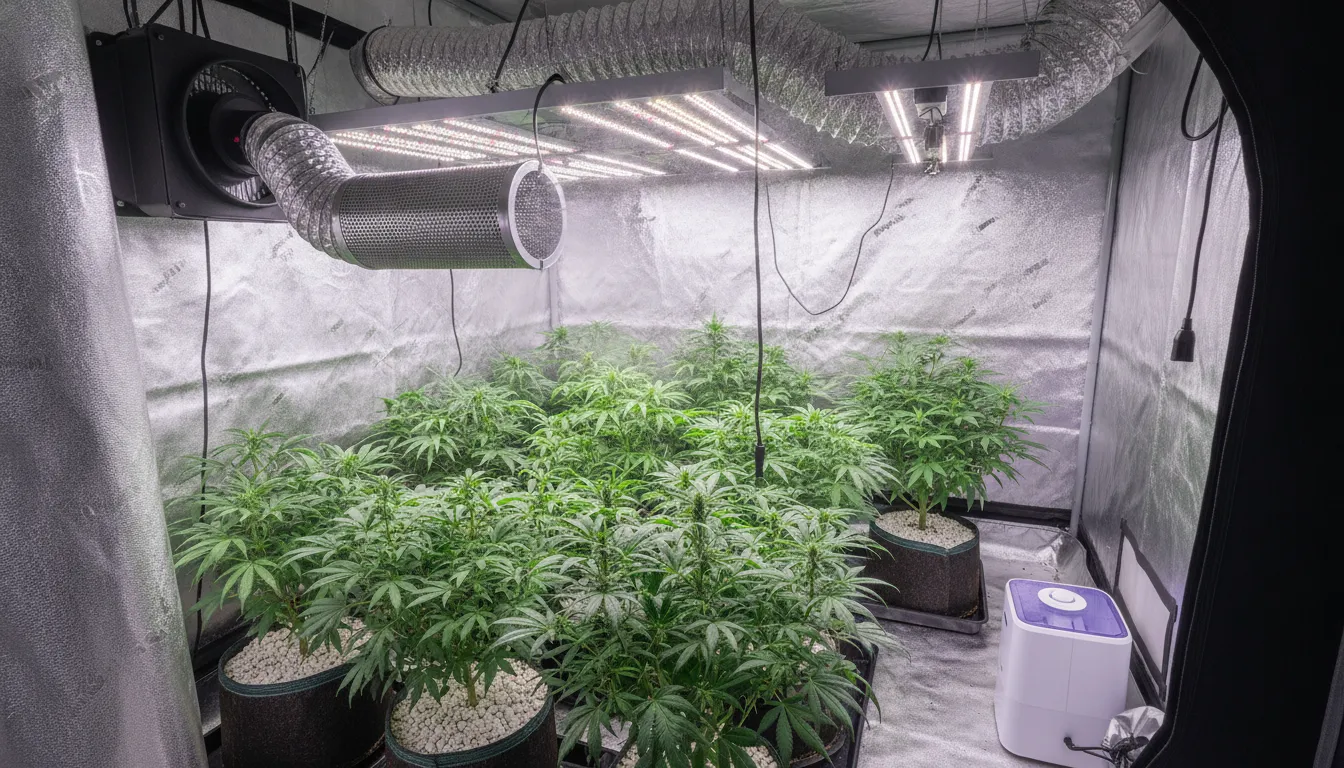 Indoor grow tent with inline exhaust fan, carbon filter, and ducting mounted near the top
