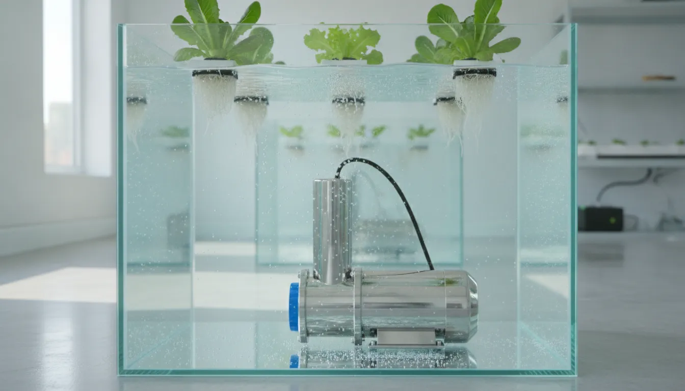 Clean water pump submerged in clear water within a sanitized hydroponic reservoir