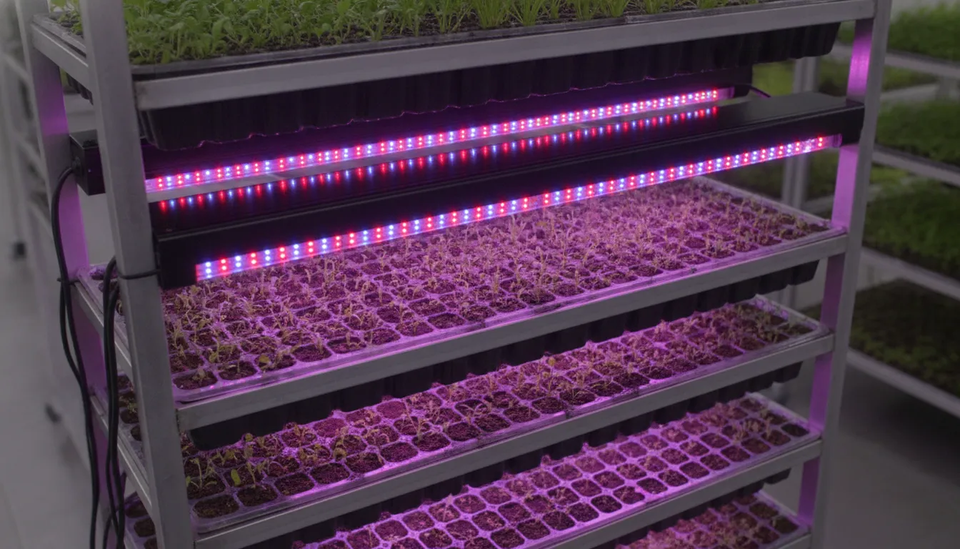 Sleek LED grow light bar fixture displaying multi-color diodes illuminating vertical seedling racks