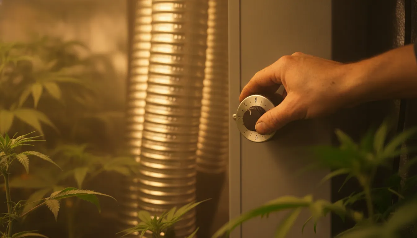 Grower adjusting a fan speed controller beside stainless ducting in an indoor growing room