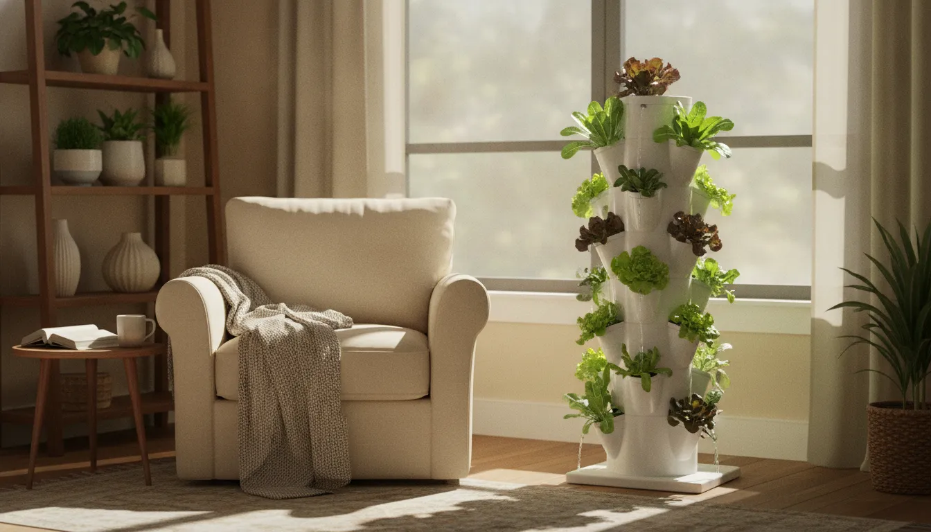 Vertical hydroponic farmstand with several levels of salad greens beside a bright apartment window