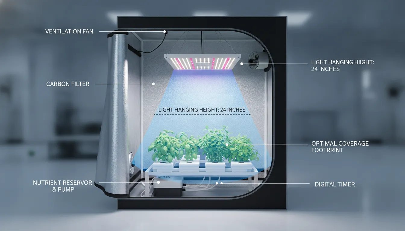 Clean indoor grow tent setup showing an LED grow light panel hanging over healthy green leafy plants
