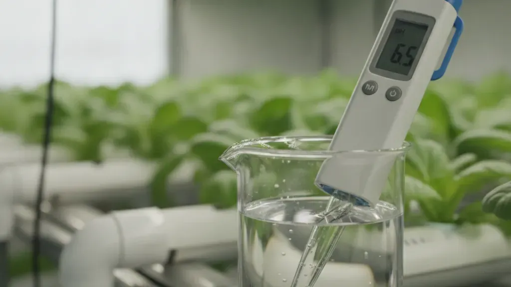 Handheld digital pH meter pen dipped into a glass beaker of water for testing nutrient solution acidity in a hydroponic grow room