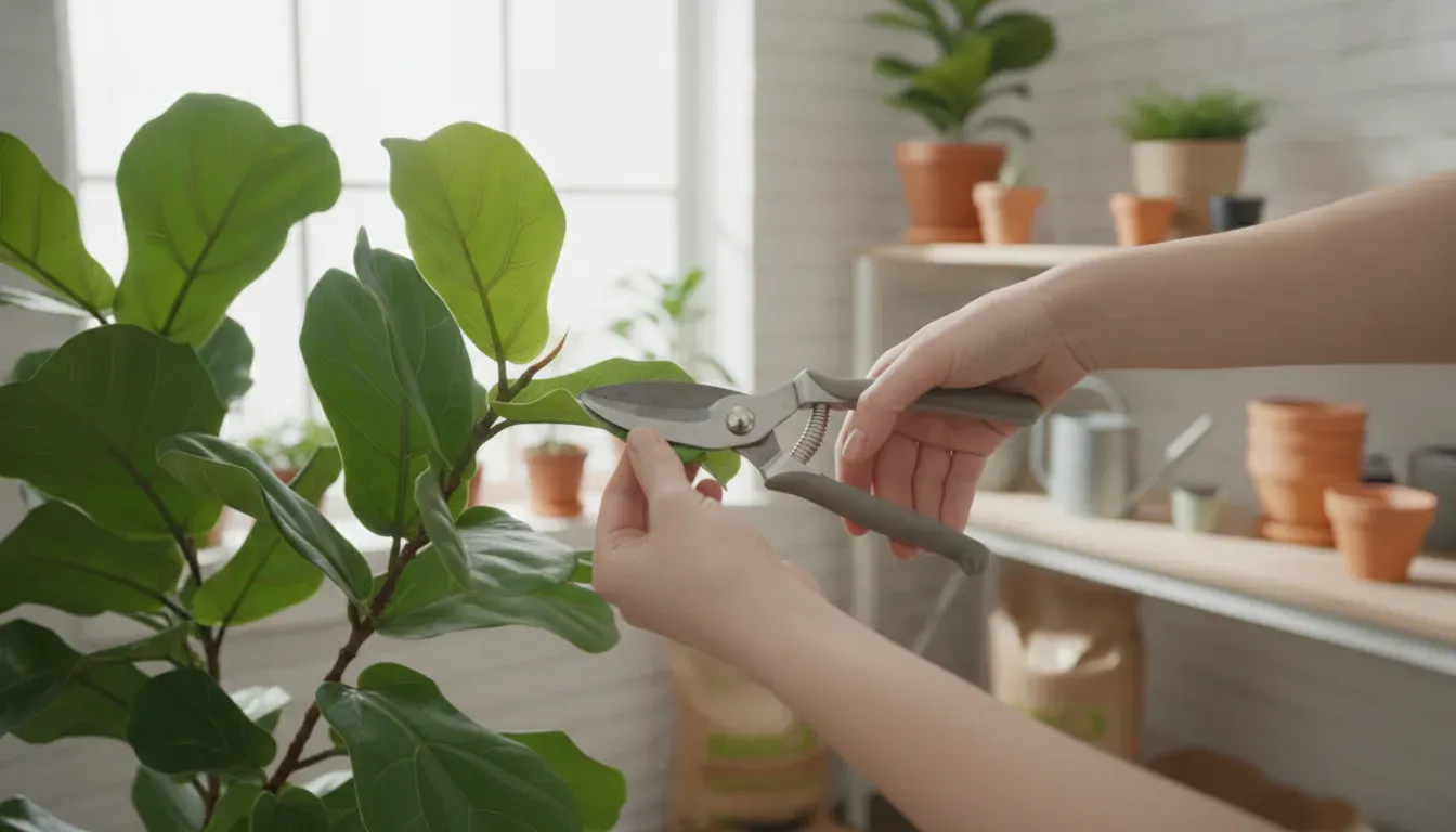 Indoor plant pruning shears making a clean cut above a healthy node
