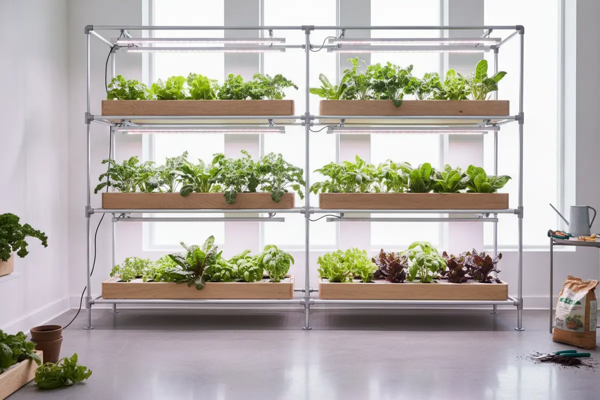 Three-tier indoor garden rack showing plants and grow lights on each level
