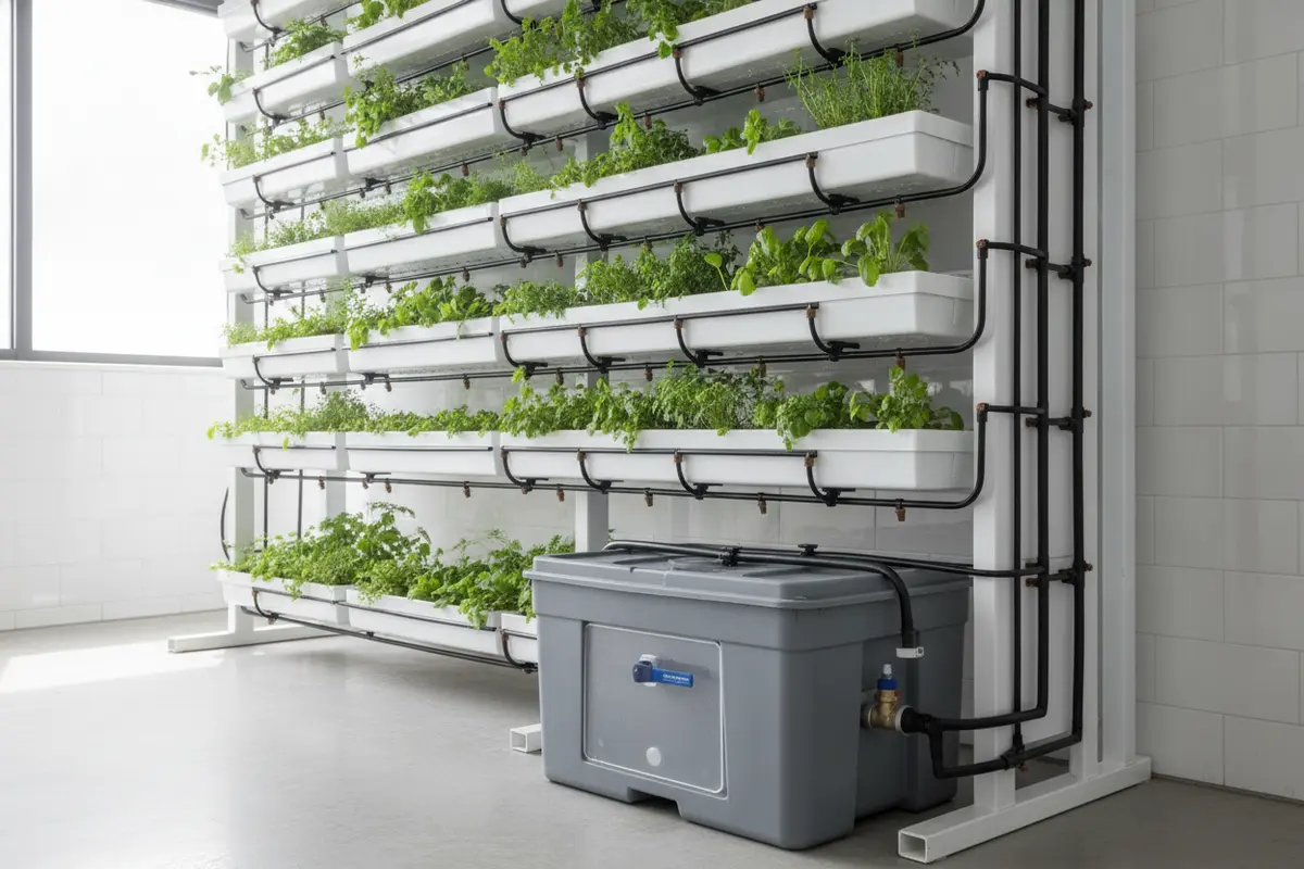 Tubing and trays distribute water to plants on a vertical garden rack