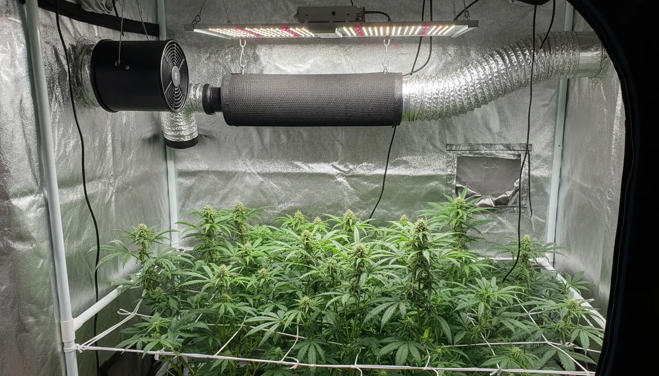 Inline fan and ducting arranged for efficient grow tent ventilation