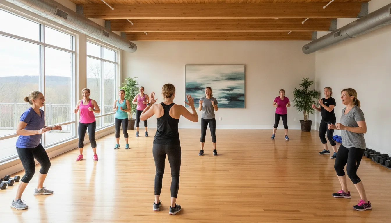 Adults enjoying a group fitness class in a welcoming Chagrin Falls club studio