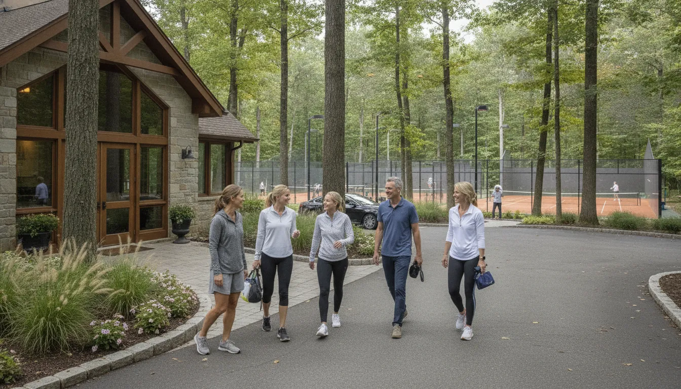 Members arriving at a wooded private fitness and racquet sports club near Chagrin Falls