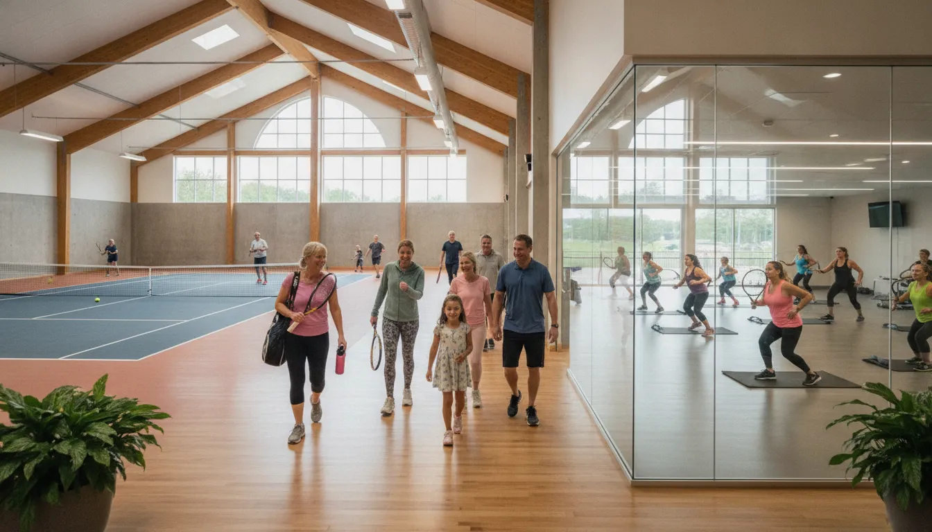 Members playing racquet sports and enjoying fitness spaces at a South Fayette private club