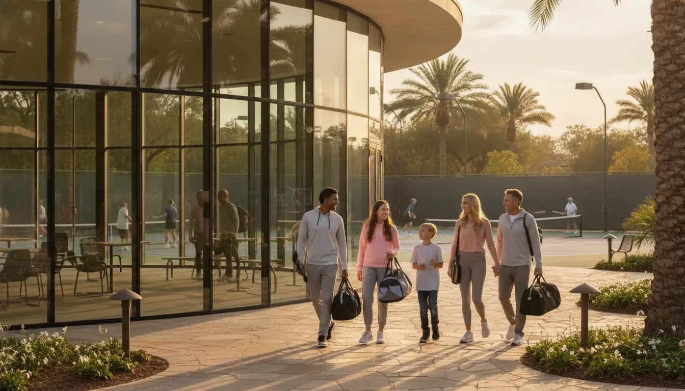 Family arriving at a welcoming private fitness and racquet sports club near Moreland Hills and Solon